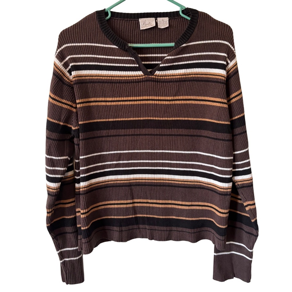 3/$20 Fiorlini Striped Brown V-Neck Women's Ribbed Sweater